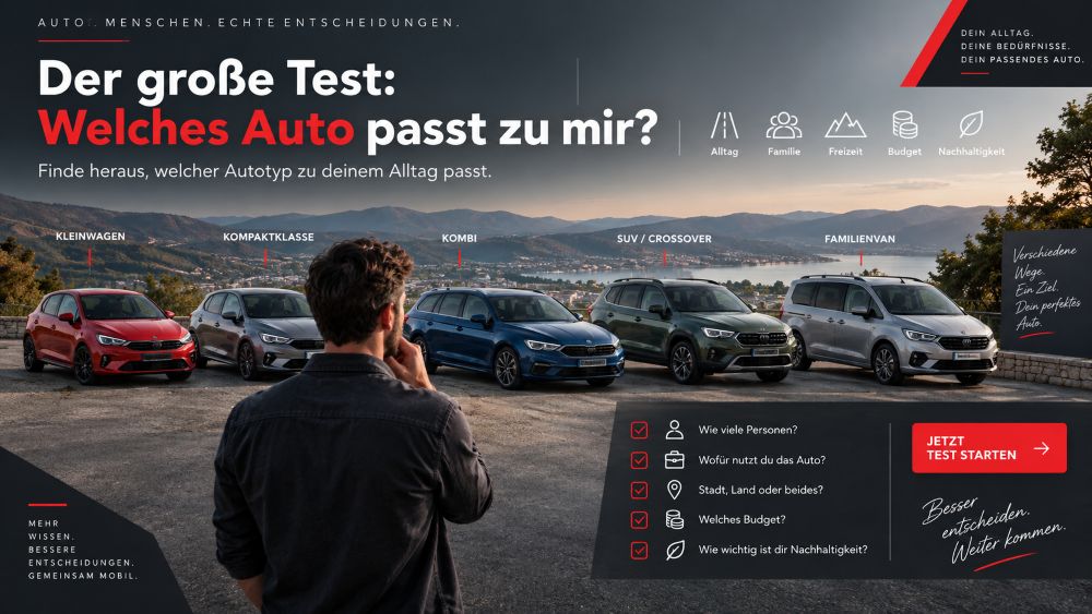 Autotest zur Frage ‚Welches Auto passt zu mir?‘ mit Kleinwagen, Kompaktwagen, Kombi, SUV und Familienvan im Vergleich.